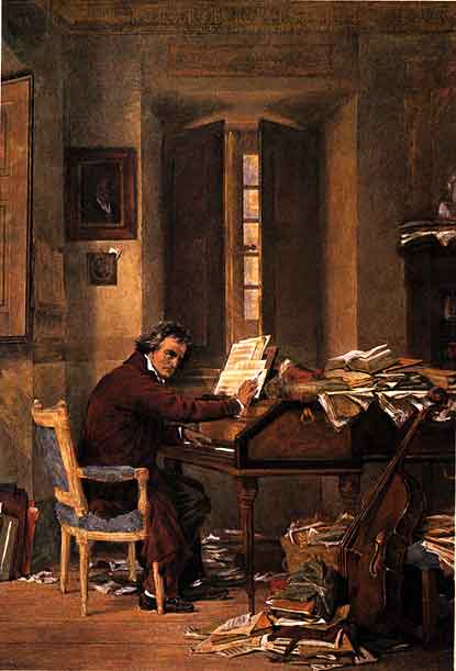 Бетховен за работой дома около 1811 картина Карла Шлессера